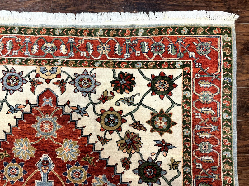 Indo Persian Heriz Rug 7x9, Geometric Pattern, Cream & Light Red, Handmade Vintage Wool Carpet by Jewel Rugs