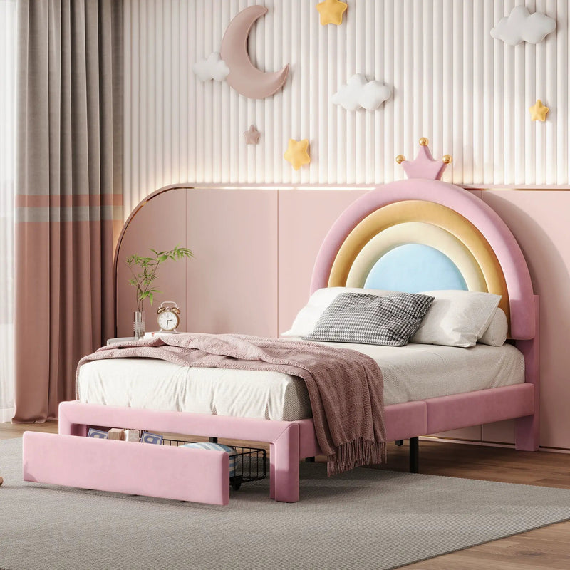 Upholstered Rainbow Design Bed, Princess Platform Bed With Storage Drawer by Unique Piece Furniture