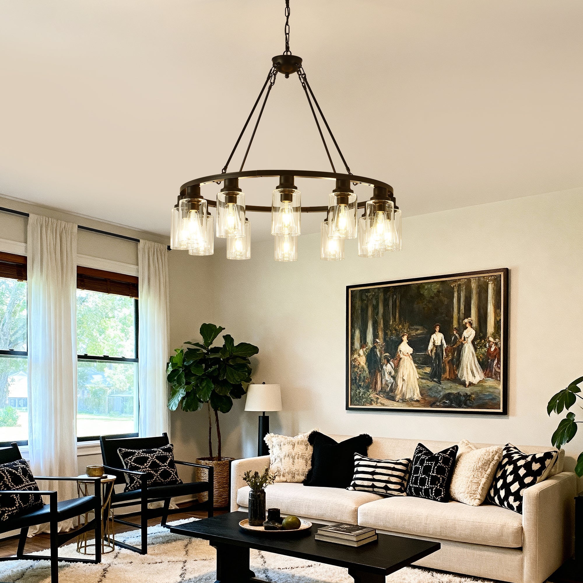 Black Wagon Wheel Chandelier 31.5 Inch Modern Farmhouse Pendant Light by HouseOfZazla