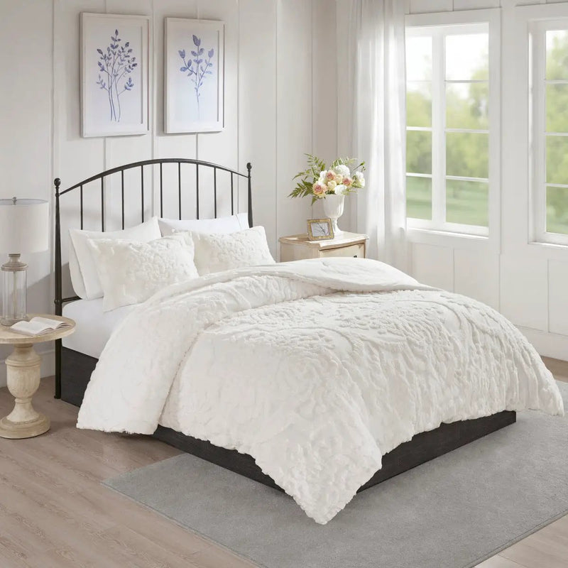 3 Piece Tufted Cotton Chenille Damask Comforter Set Off-White King/Cal King by HouseOfZazla