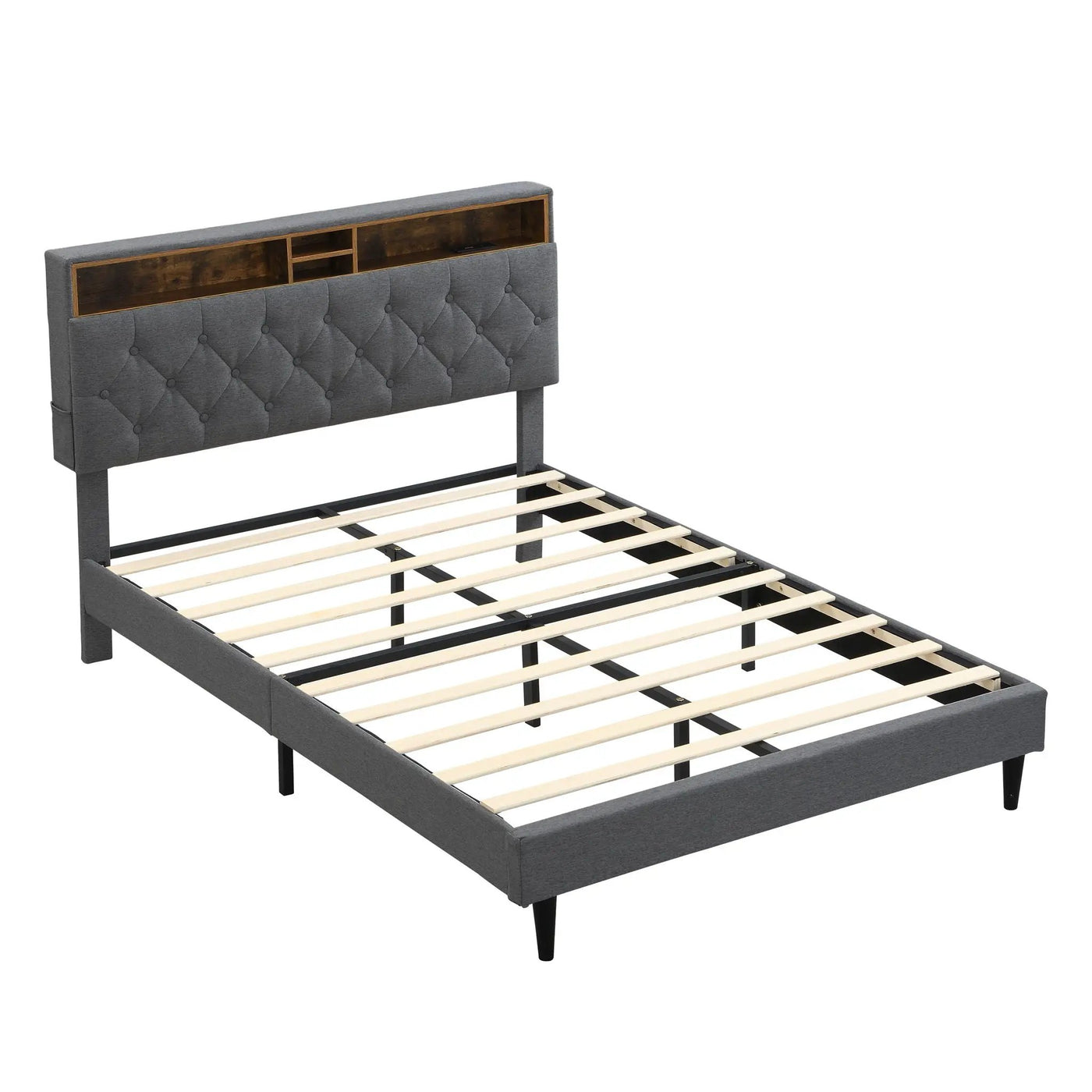 Modern Upholstered Platform Bed Frame With Button Tufted Headboard And USB Ports by HouseOfZazla