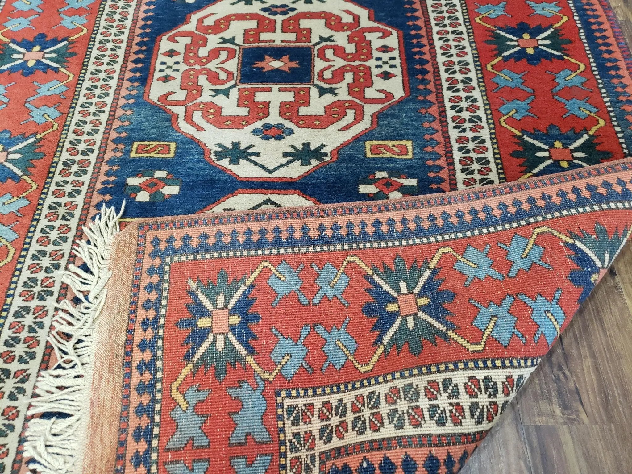 Turkish Kazak Rug 5x6 Vintage Handmade Wool Carpet Geometric Blue Red by Jewel Rugs