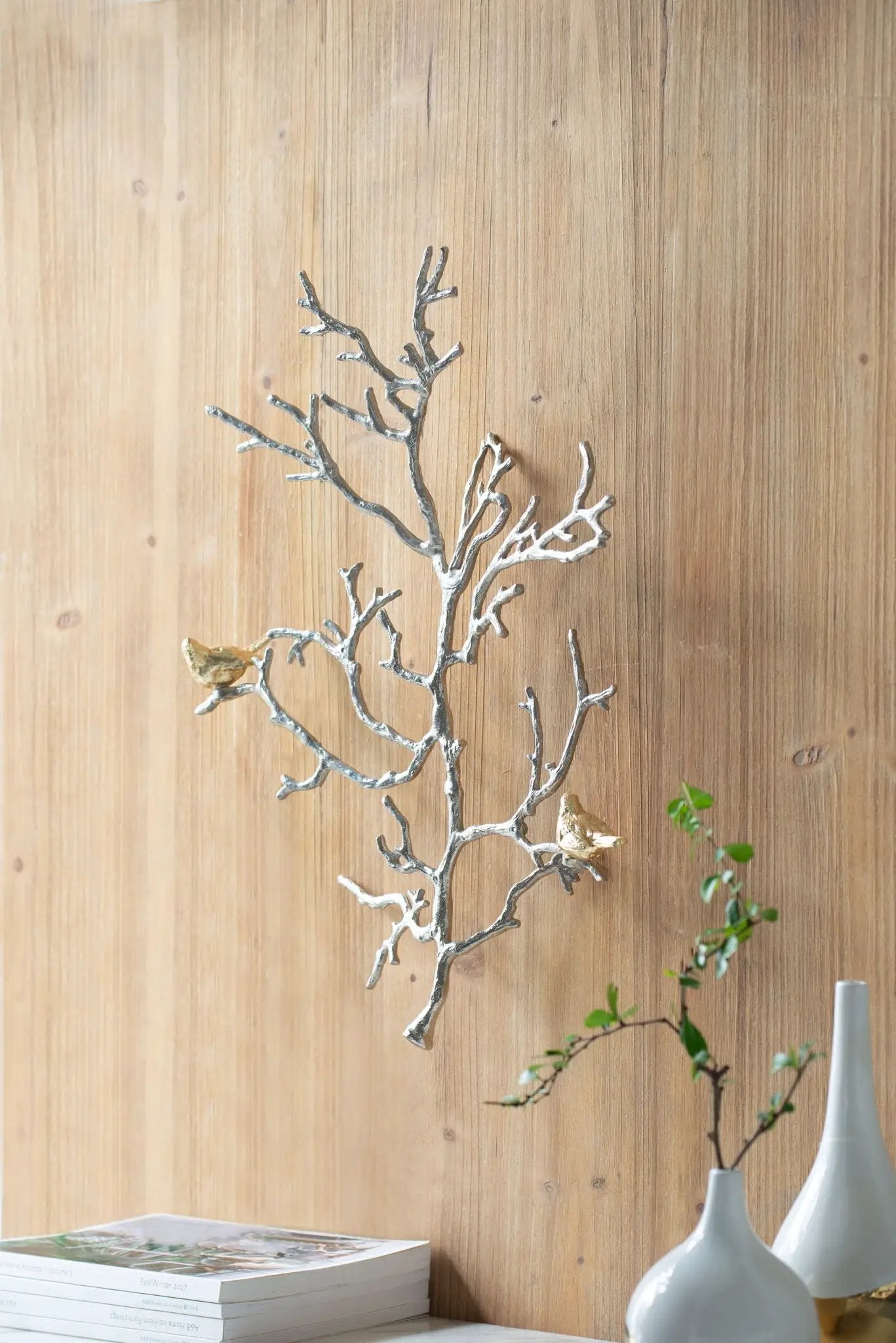Metal Branch Wall Sculptures With Bird Accents (Set of 2) - Silver Multi by Unique Piece Furniture