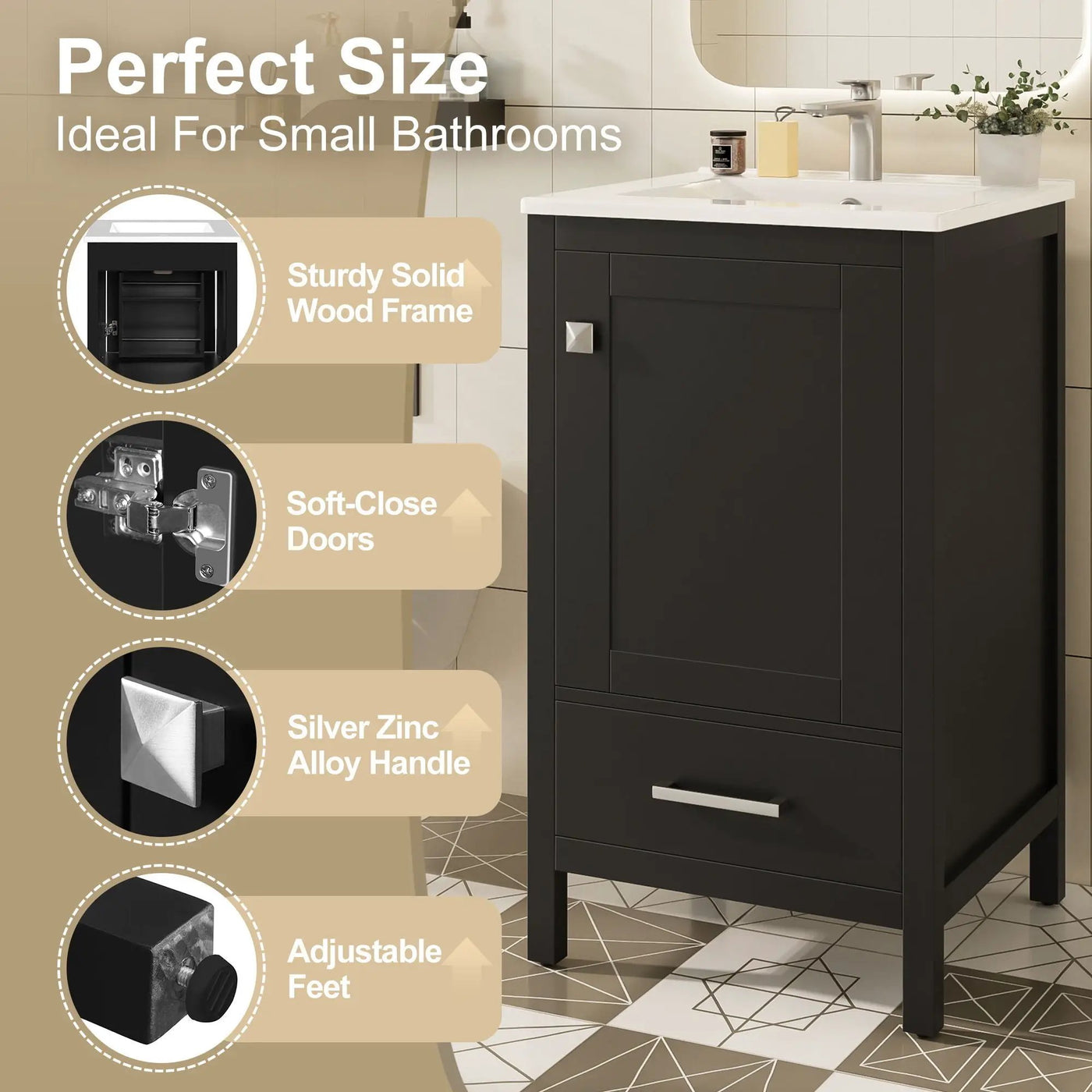 Bathroom Vanity With Ceramic Sink, Soft Close Drawers, Door Organizer, Divider Drawer, Adjustable Foot Pads by Unique Piece Furniture