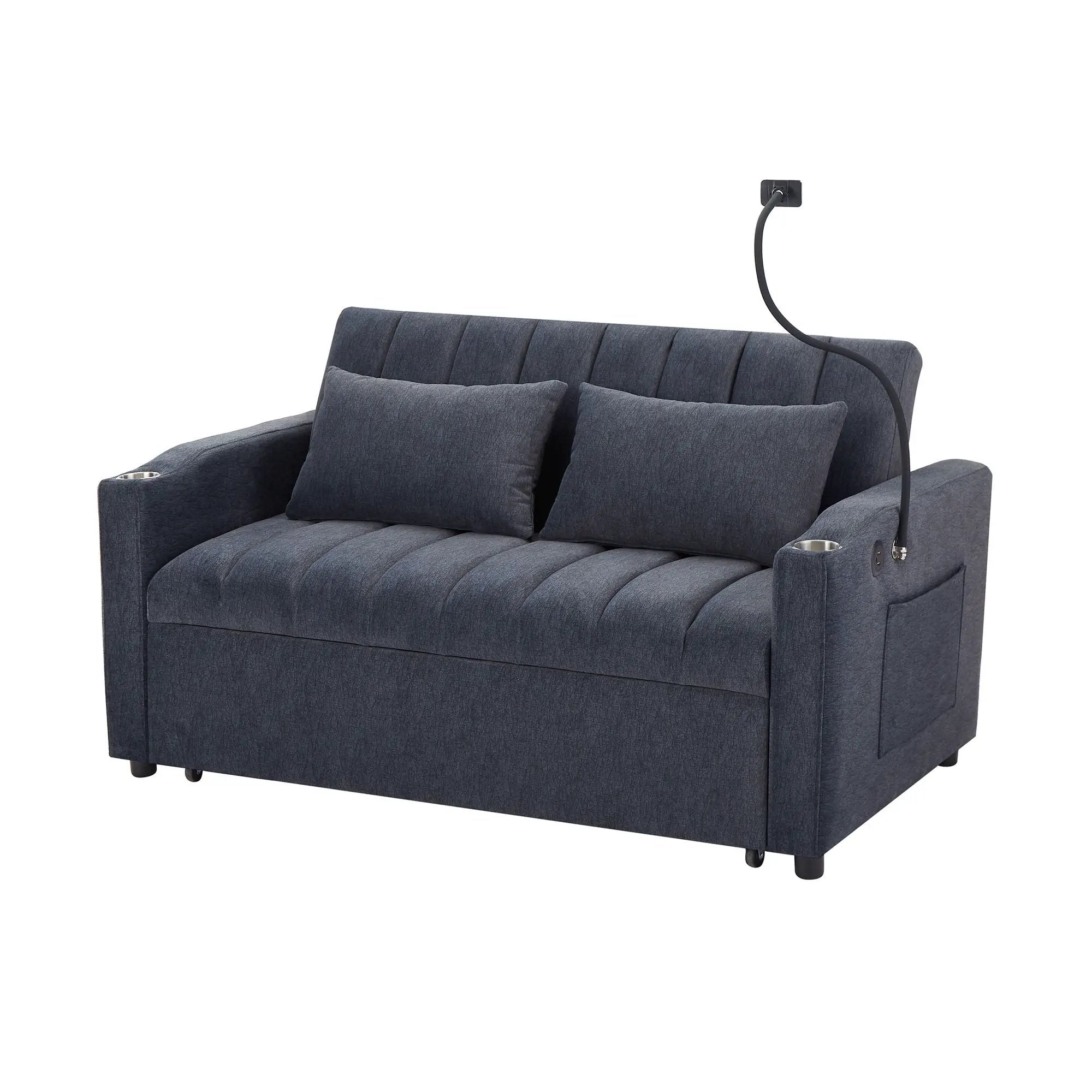 Convertible Sofa Bed Loveseat Sofa With Three USB Ports, Two Side Pockets, Two Cup Holders And 360° swivel Phone Holder For Living Room by HouseOfZazla