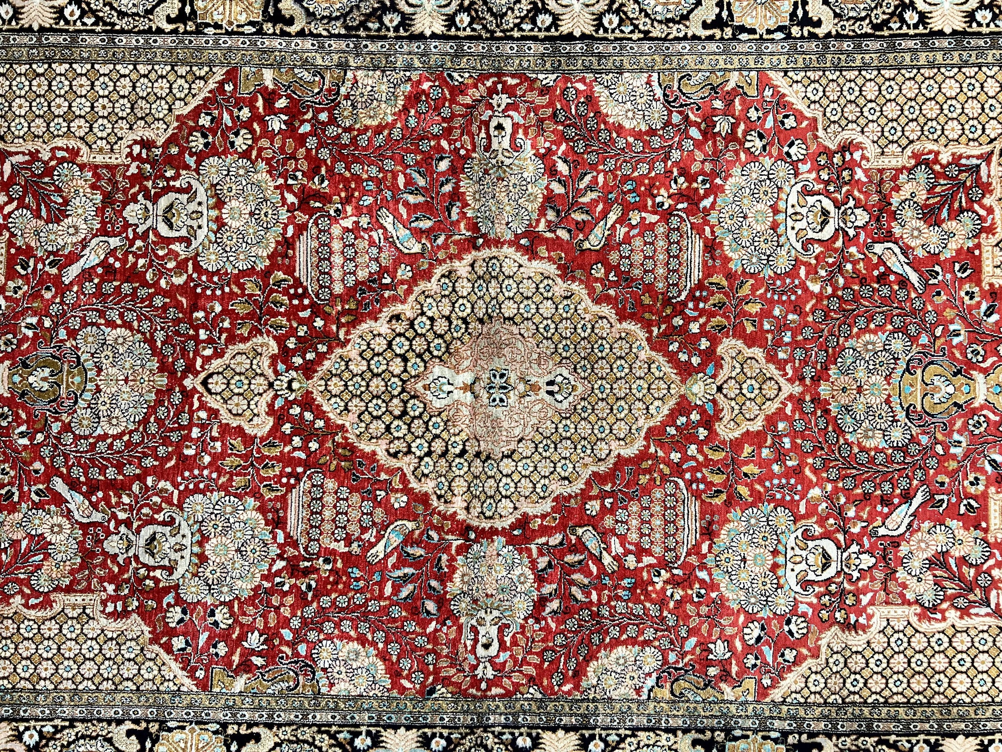 Wonderful Persian Silk Rug 5x7, Birds Floral Vases, Red, Hand Knotted Silk Fine Oriental Carpet, Handmade Vintage, Persian Qum Rug, 400 KPSI by Jewel Rugs