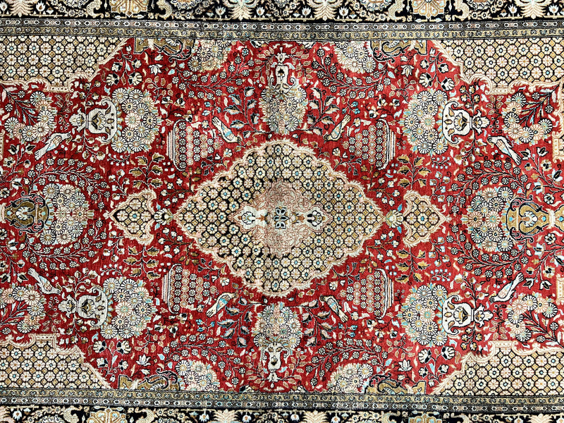 Wonderful Persian Silk Rug 5x7, Birds Floral Vases, Red, Hand Knotted Silk Fine Oriental Carpet, Handmade Vintage, Persian Qum Rug, 400 KPSI by Jewel Rugs