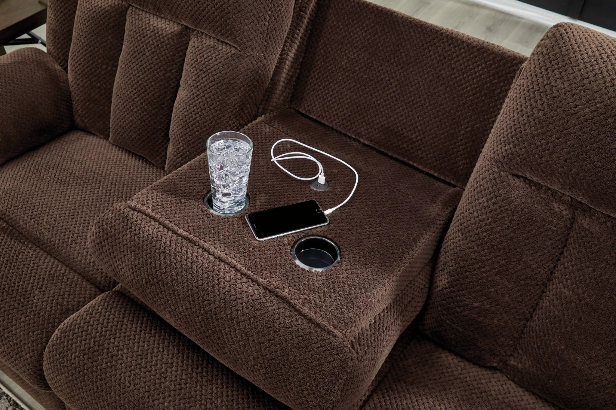 Free Wake - Reclining Power Sofa With Drop Down Table - Chocolate by Unique Piece Furniture