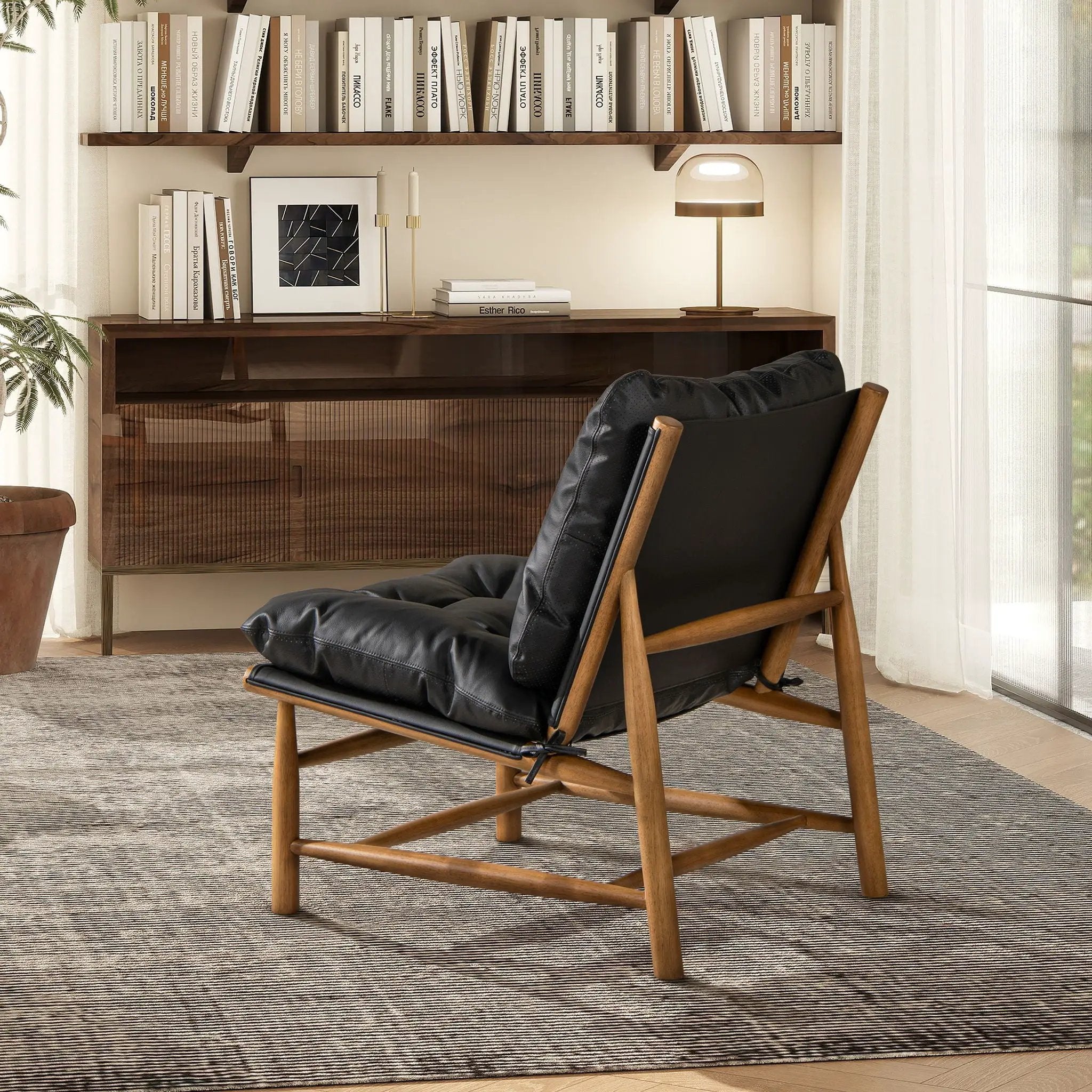 Oxford Leather Mid-Century Modern Accent Chair - Noir Black by Unique Piece Furniture