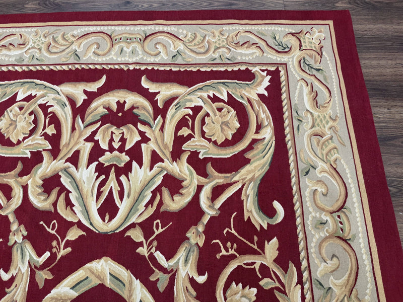 Burgundy Aubusson Rug 6x9, Vintage Wool Carpet by Jewel Rugs