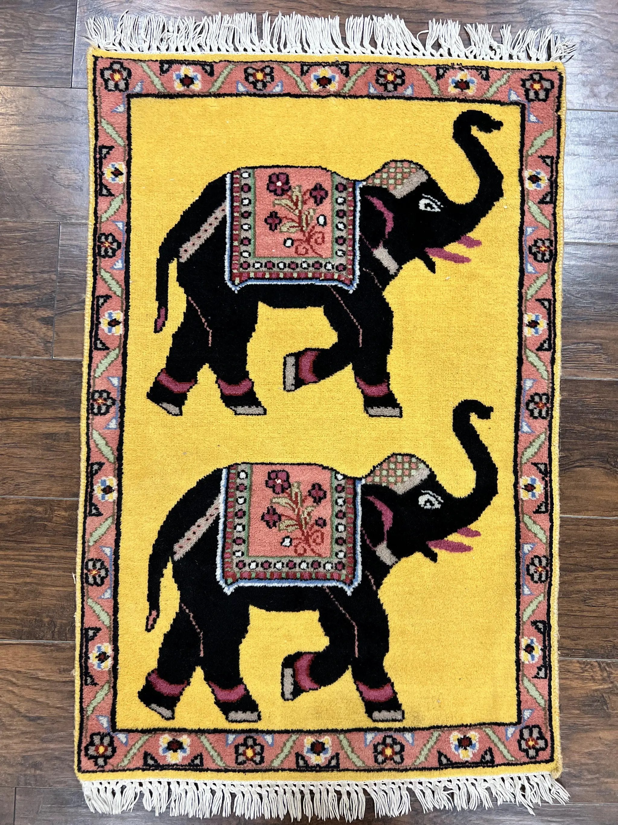 Unique Indian Pictorial Rug 2x3, Small Wool Hand Knotted Oriental Carpet, Yellow, Two Elephants, Handmade by Jewel Rugs