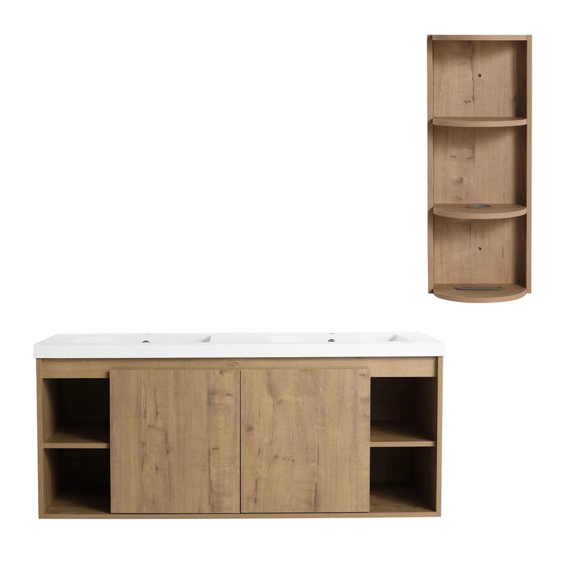 Modern 48" Wall Mounted Bathroom Vanity With Double Resin Sink And Storage Rack Soft Close Doors - Imitative Oak by HouseOfZazla