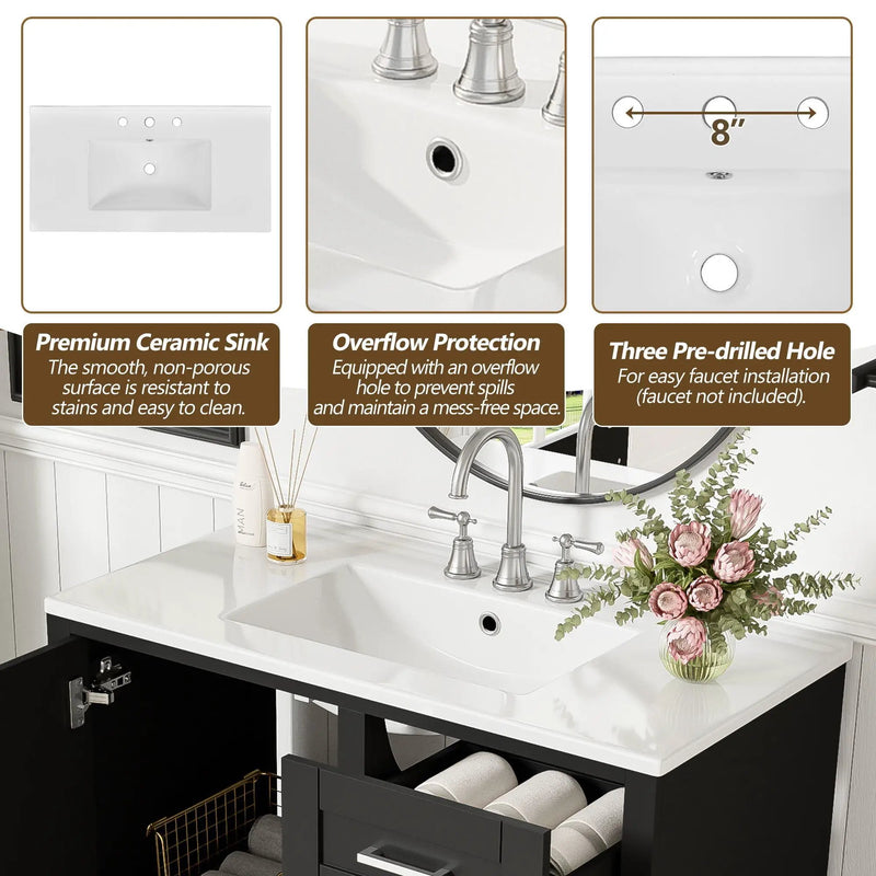 Bathroom Vanity, Modern Bathroom Cabinet With Sink Combo Set, Bathroom Storage Cabinet With A Soft Closing Door And 3 Drawers, Solid Wood Frame by Unique Piece Furniture