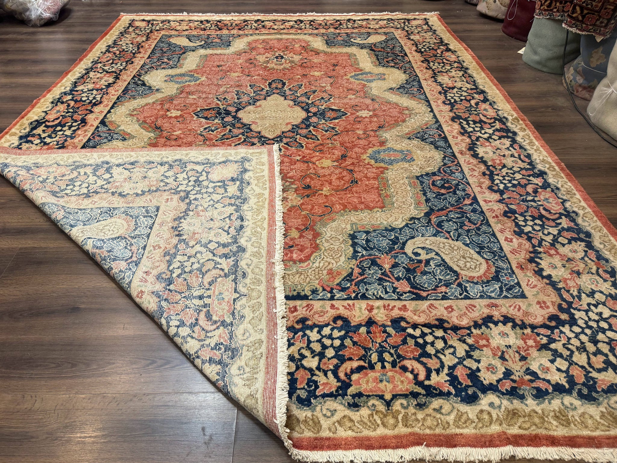 Antique Persian Sarouk Rug 9x12, Boteh Paisleys, Light Red Navy Blue by Jewel Rugs