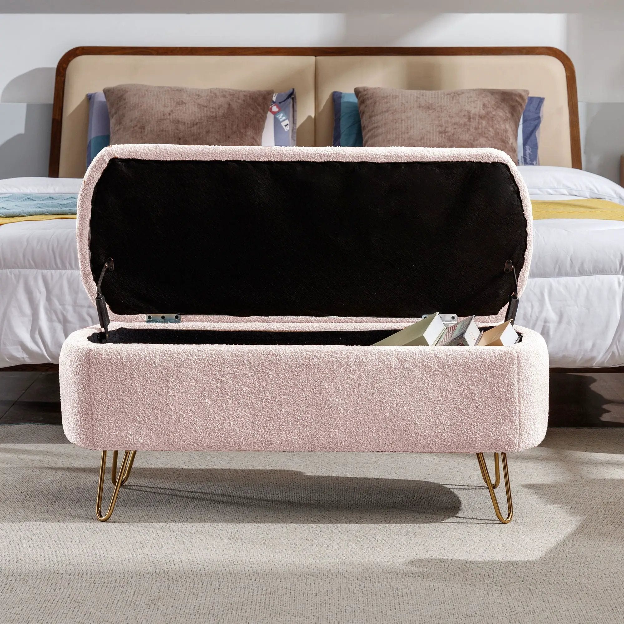 Storage Ottoman Bench For End Of Bed Legs, Modern Camel Faux Fur Entryway Bench Upholstered Padded With Storage For Living Room Bedroom by Unique Piece Furniture
