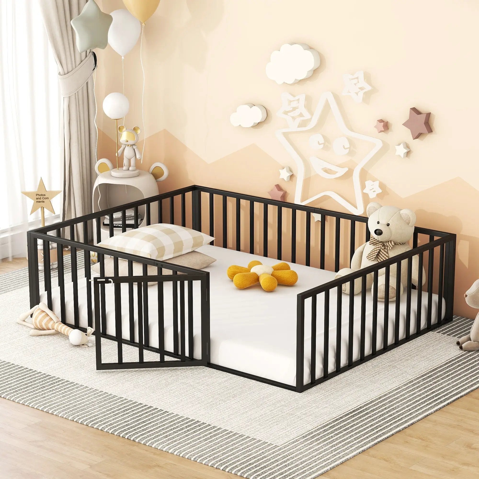 Metal Floor Bed Frame With Fence And Door by HouseOfZazla