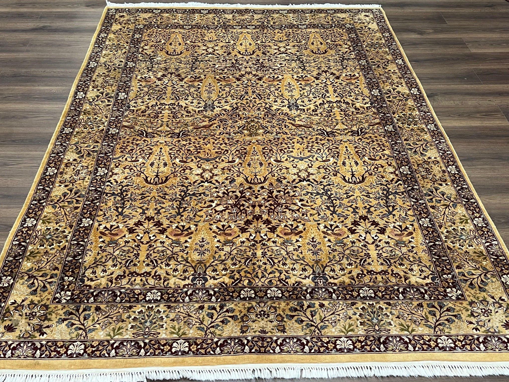 Pretty Indo Persian Rug 6x9, Allover Floral Motif with Birds, Tan/Cream, Very Fine Oriental Carpet, Hand Knotted Vintage Indian Wool Rug by Jewel Rugs