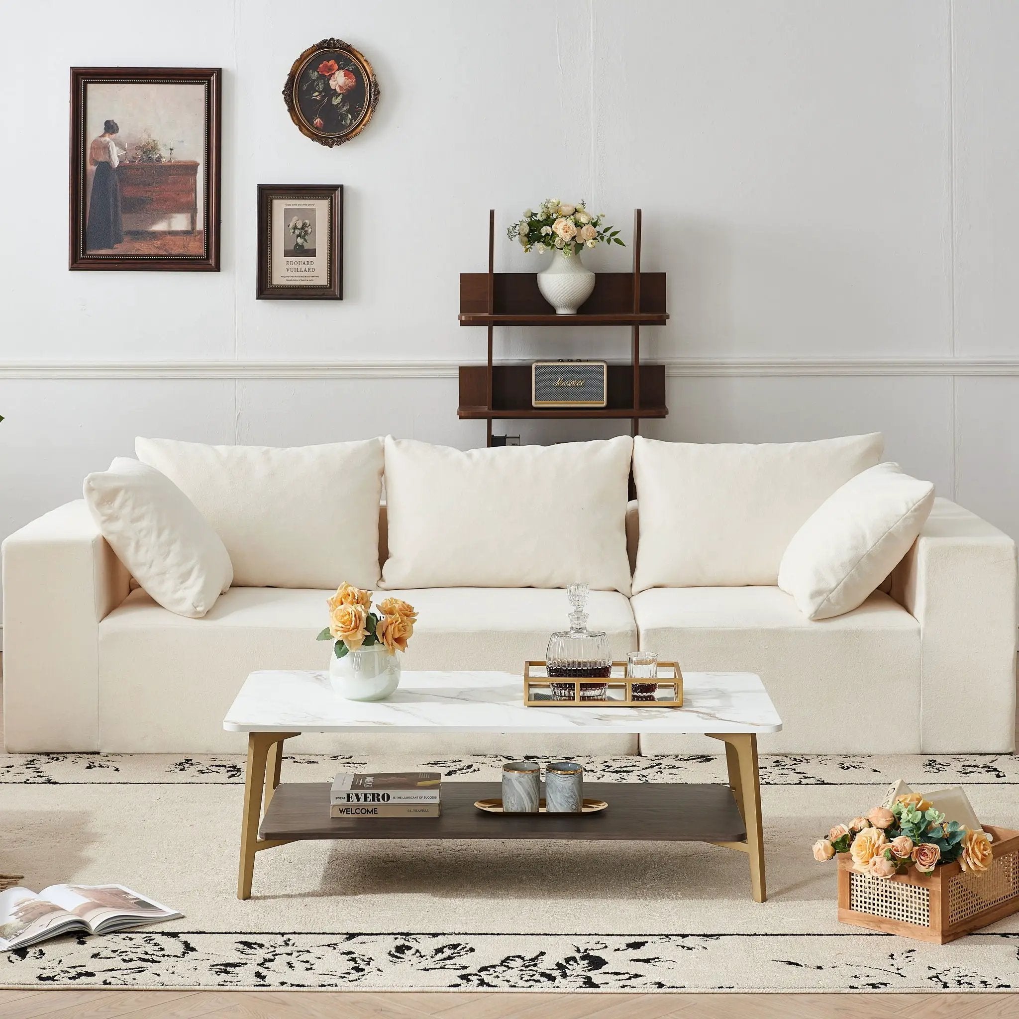 Coffee Table Rectangular Center Table For Living Room Open Space Side Table With Metal Frame - Golden / White