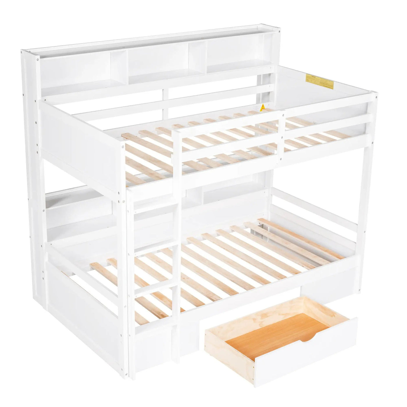 Twin Size Bunk Bed With Built-In Shelves Beside Both Upper And Down Bed And Storage Drawer by HouseOfZazla