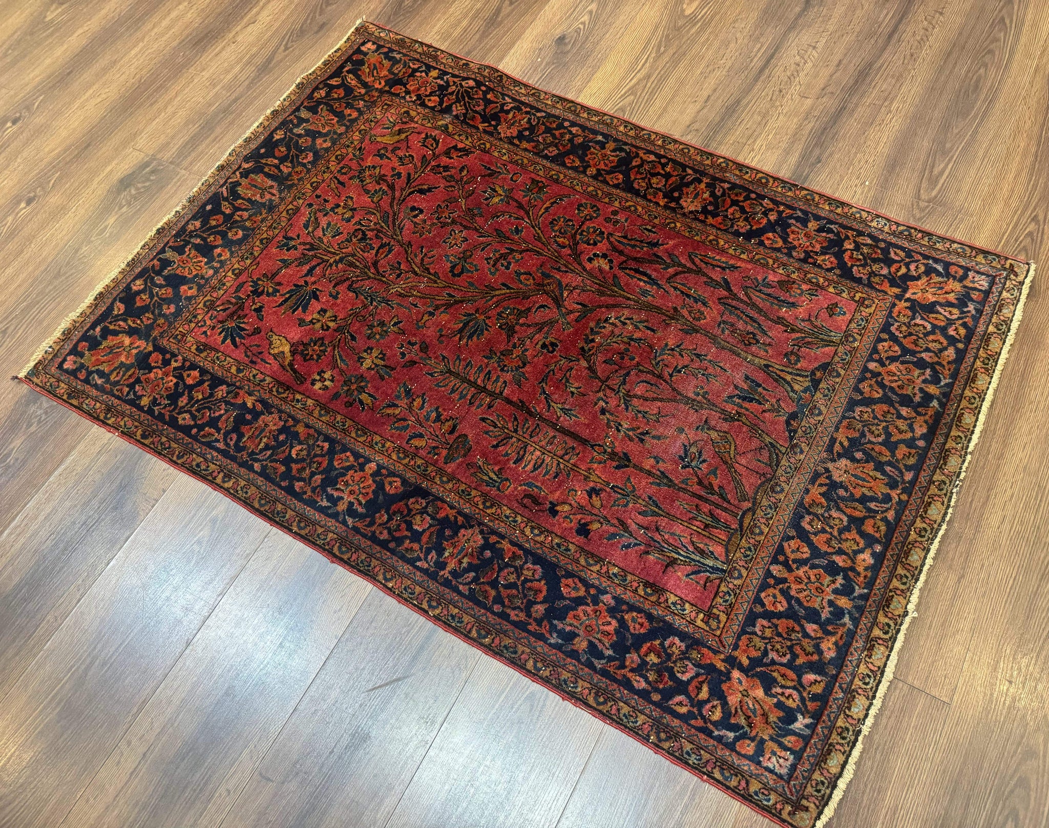 Antique Persian Tree of Life Rug 3x5, Manchester Wool, Bird Pictorials, Fine 240 KPSI, Red Navy Blue by Jewel Rugs