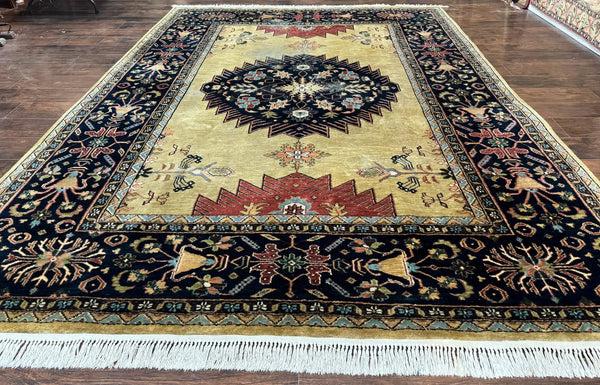 Indo Persian Heriz Rug 8x12, Camel Hair Tan and Navy Blue, Decorative, photo 2 of 13