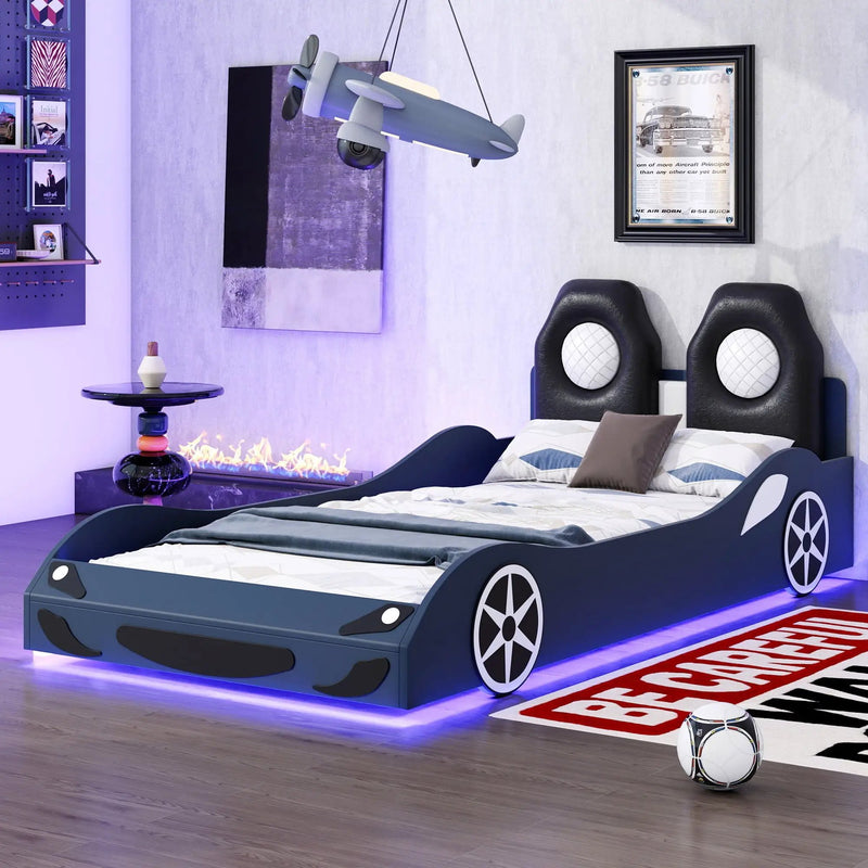Race Car Shaped Platform Bed With LED And Upholstered Backrest In by Unique Piece Furniture