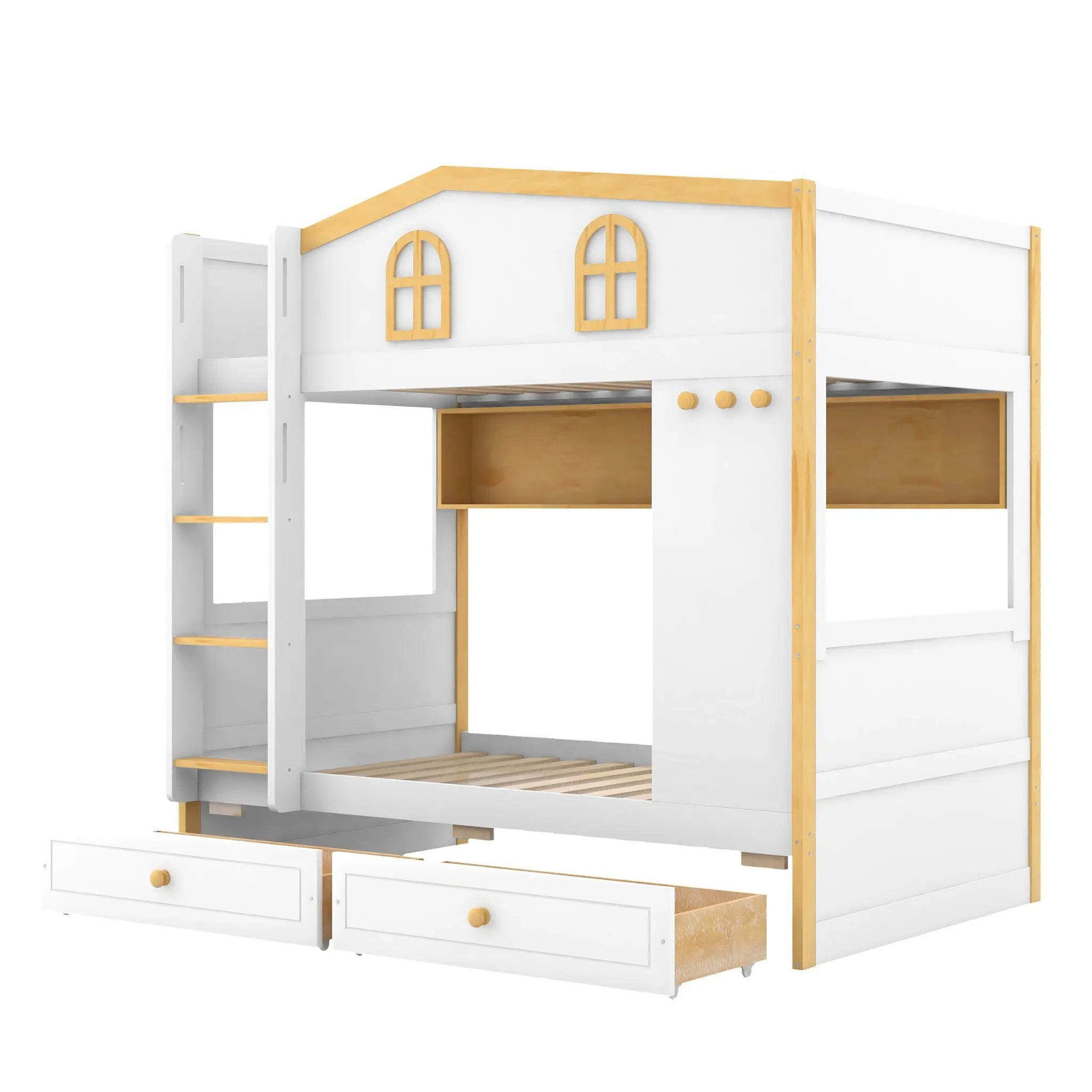 Twin Over Twin Bunk Bed With House Shaped Guardrails, Storage Shelves & Drawers - White / Natural by HouseOfZazla