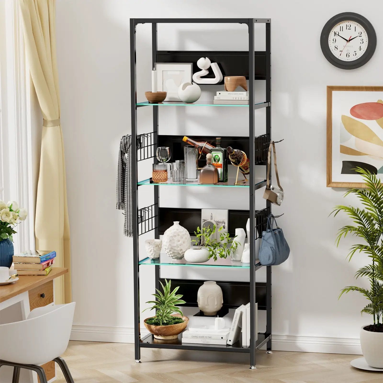4 Tier Display Shelf With RGB Lights, LED Lighted Curio Cabinet With Adjustable Storage Box & Hooks - Black by HouseOfZazla