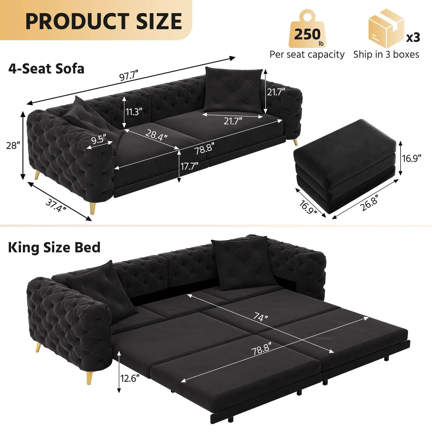 3 In 1 Convertible Sleeper, Deep Seat Pull Out Sofa Bed, Button Tufted by HouseOfZazla