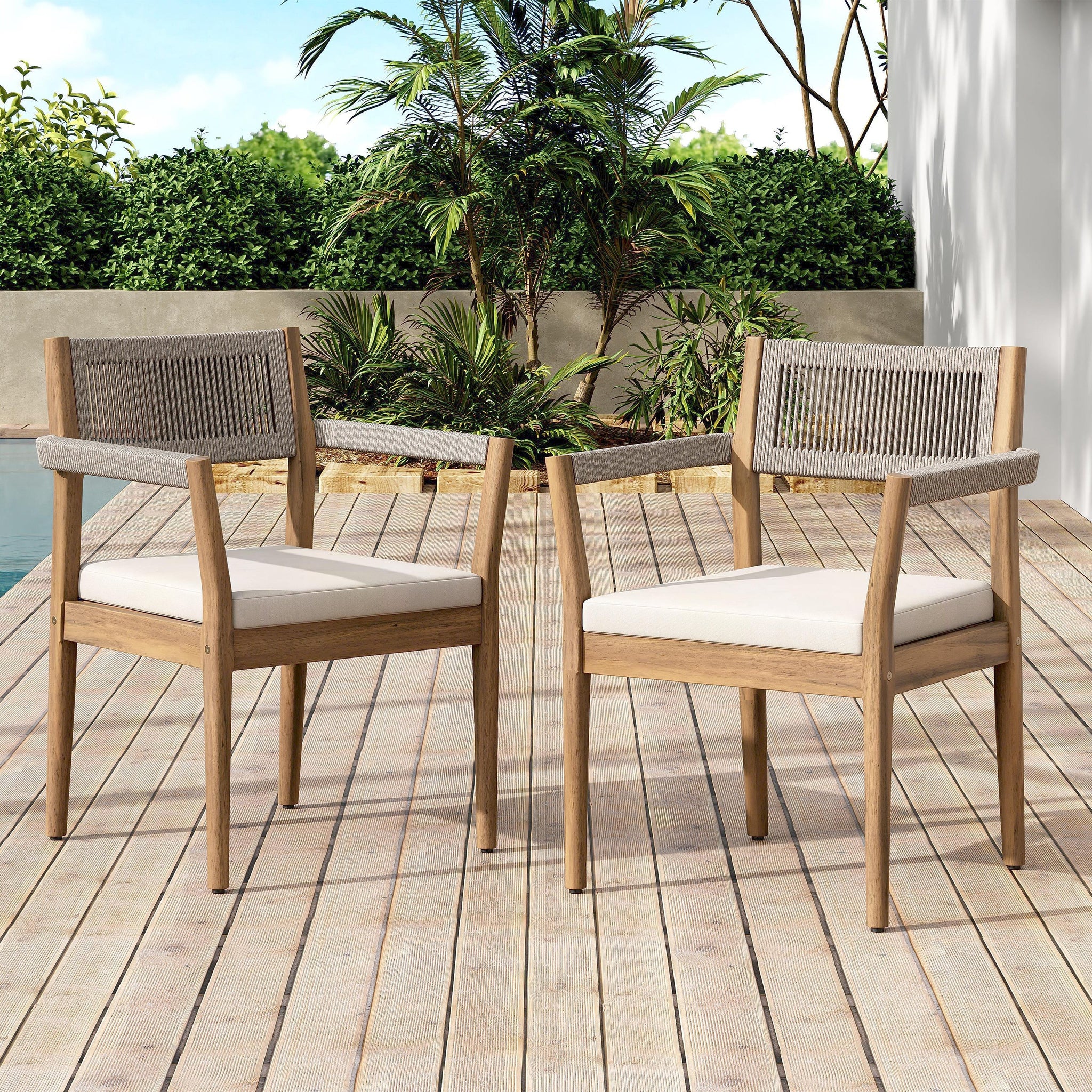Braided Acacia Wood Outdoor Dining Chairs Set of 4 – Teak Look with Beige Rope & Cream Cushions by HouseOfZazla