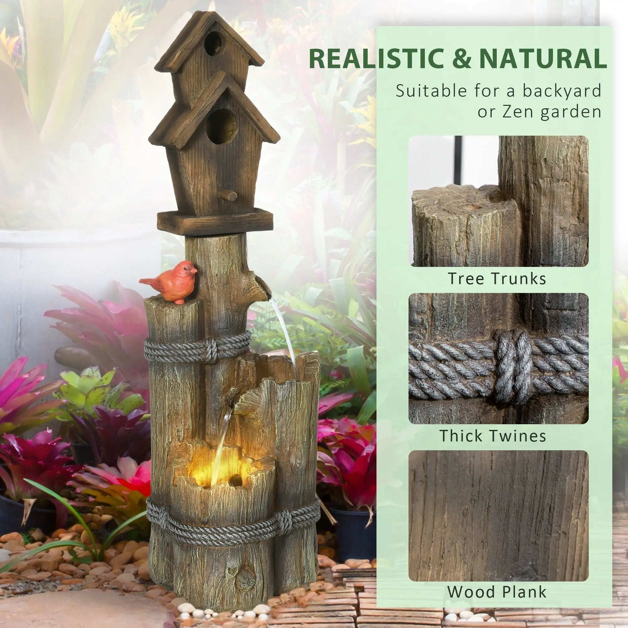 Outsunny - Outdoor Fountain With Birdhouse, Cascading Garden Waterfall Bird Bath With 3 Tier Rustic Tree Trunk / Log Design, LED Lights For Porch, Deck, Yard Decor - Brown by Unique Piece Furniture