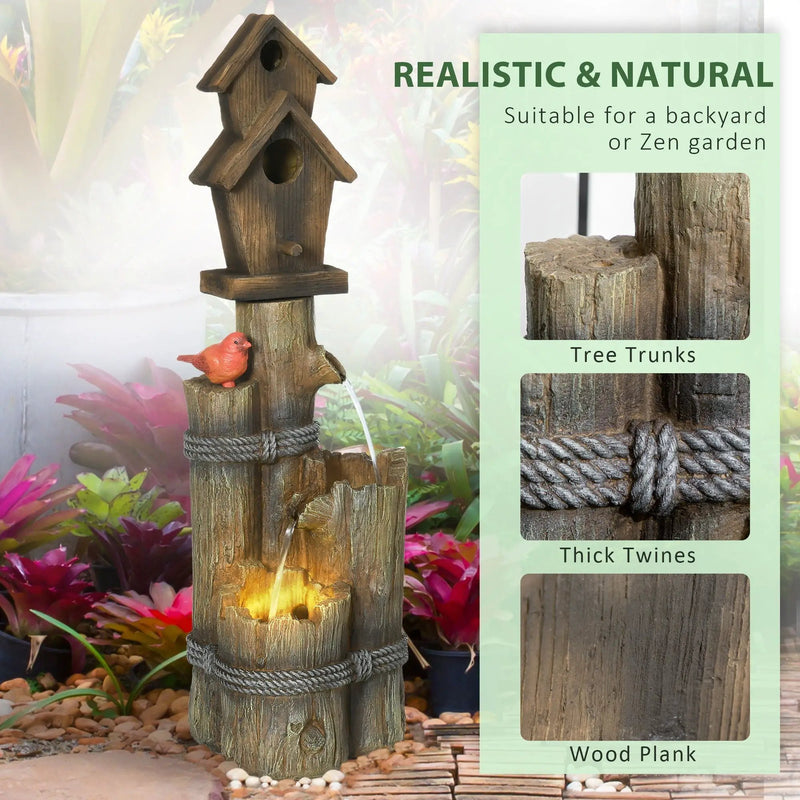 Outsunny - Outdoor Fountain With Birdhouse, Cascading Garden Waterfall Bird Bath With 3 Tier Rustic Tree Trunk / Log Design, LED Lights For Porch, Deck, Yard Decor - Brown by Unique Piece Furniture
