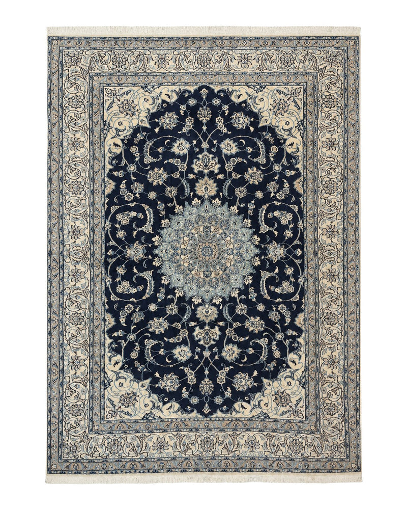 Persian Nain Rug 8x11, Navy Blue and Ivory, Handmade Wool Vintage Carpet, Floral Medallion by Jewel Rugs
