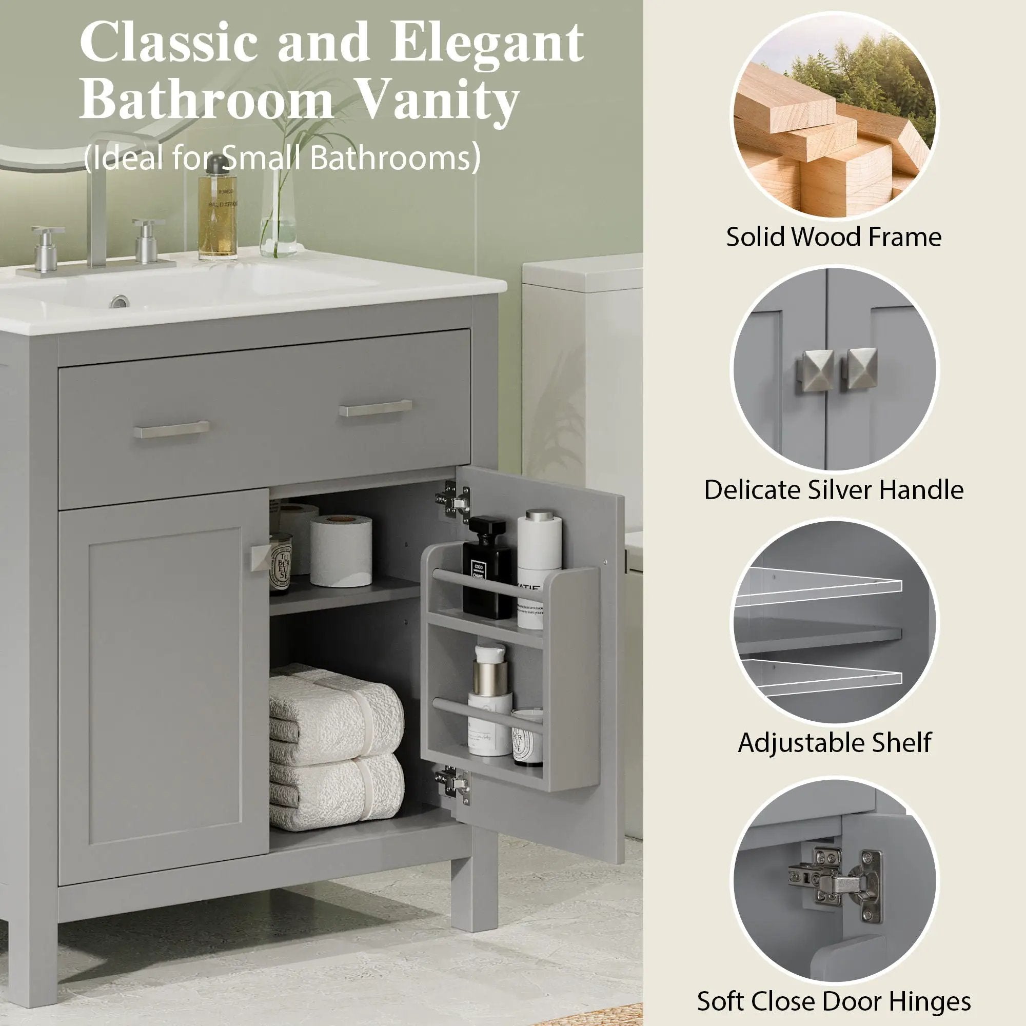 Bathroom Vanity With Ceramic Sink, Modern Single Bathroom Cabinet With 2 Doors And A Shelf, Soft Close Doors by HouseOfZazla