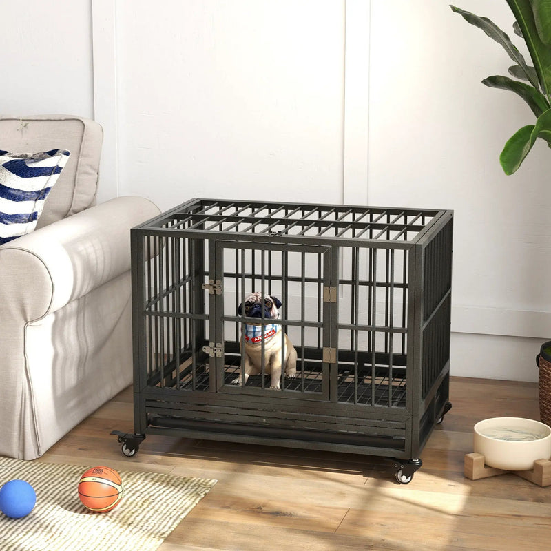 Pawhut - 36" Heavy Duty Dog Crate Metal Cage Kennel With Lockable Wheels, Double Door And Removable Tray - Gray by HouseOfZazla