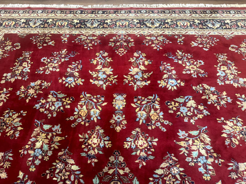 Indo Persian Sarouk Rug 10x14, Large Red and Navy Blue Carpet, Traditional Floral Wool Rug by Jewel Rugs