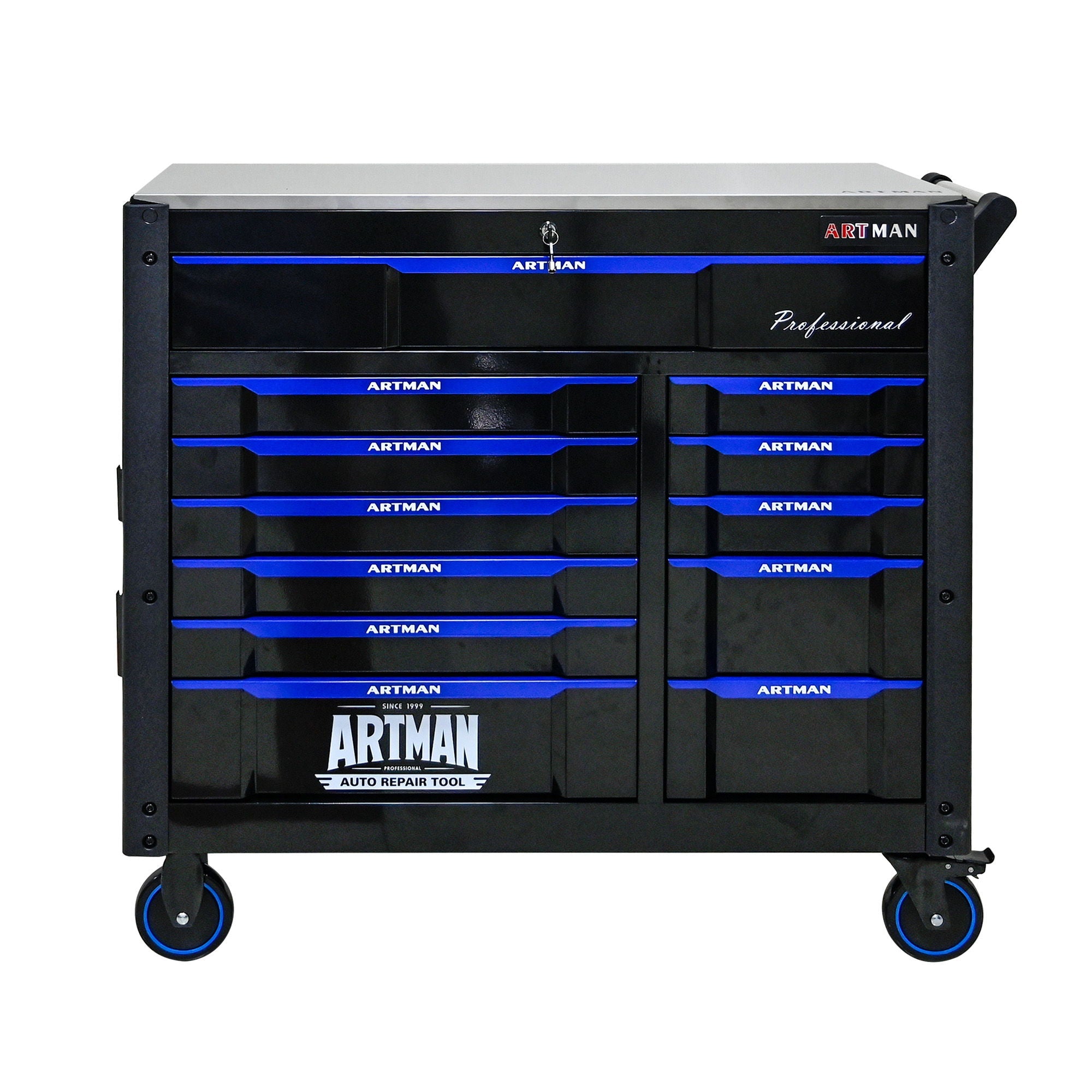12 Layer Drawer Multi Purpose Tool Cart With Wheels And Iron Top - Black / Blue by HouseOfZazla