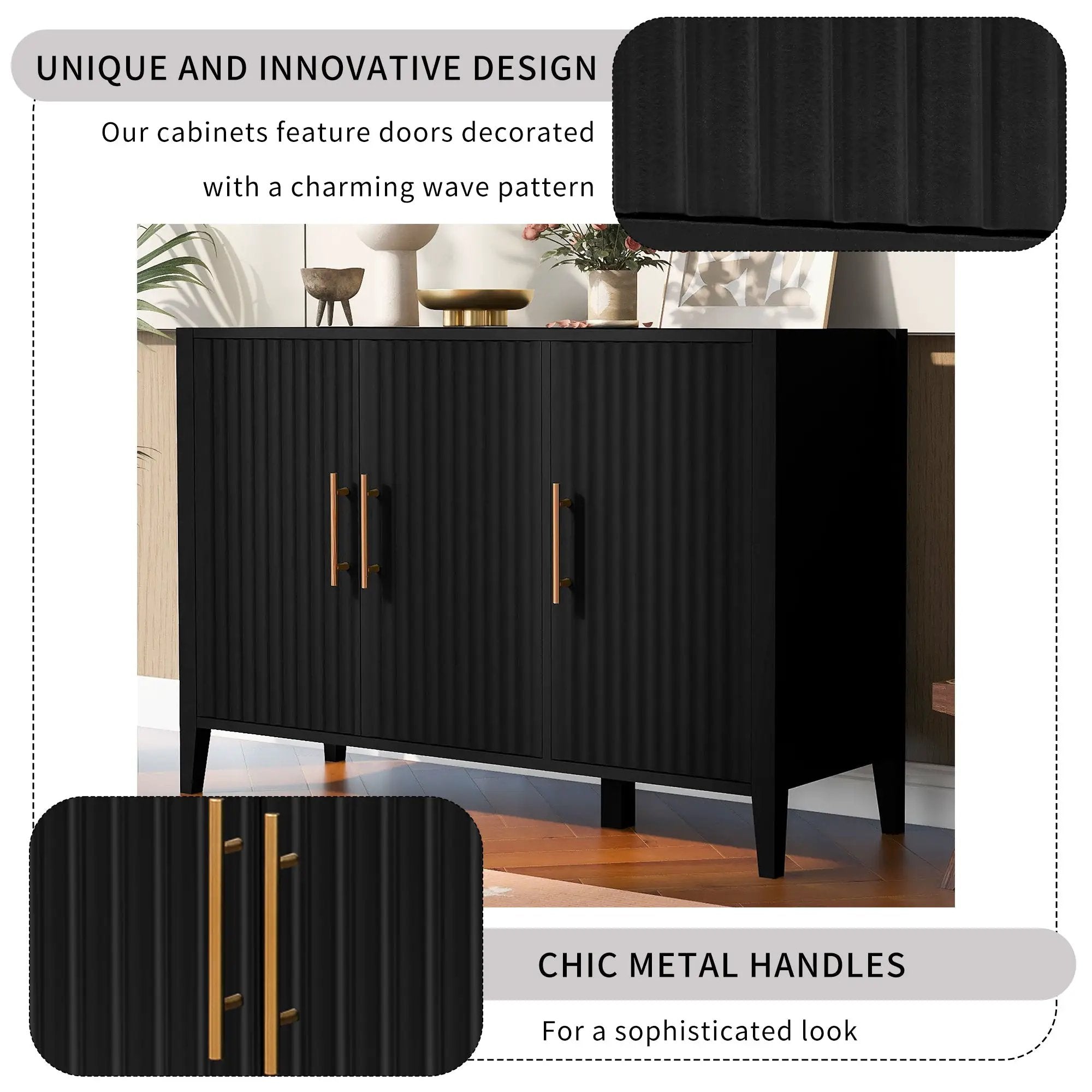 U-Style Wavy 3-Door Sideboard with Solid Pine Legs by HouseOfZazla