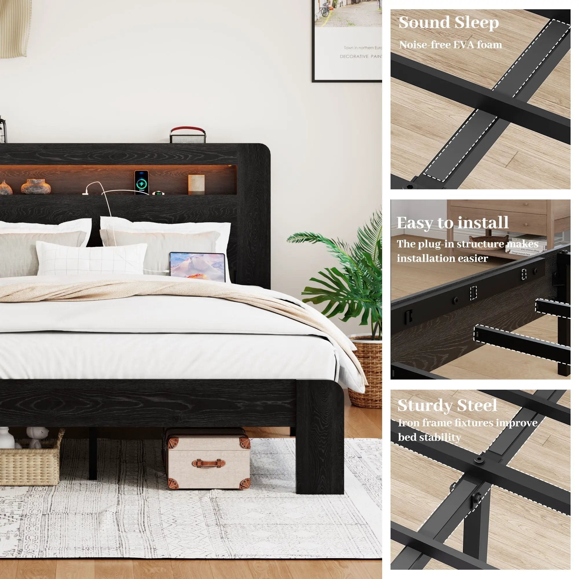 Wood Platform Bed Frame With Storage LED Light Headboard & USB by HouseOfZazla