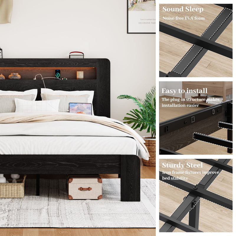 Wood Platform Bed Frame With Storage LED Light Headboard & USB by HouseOfZazla