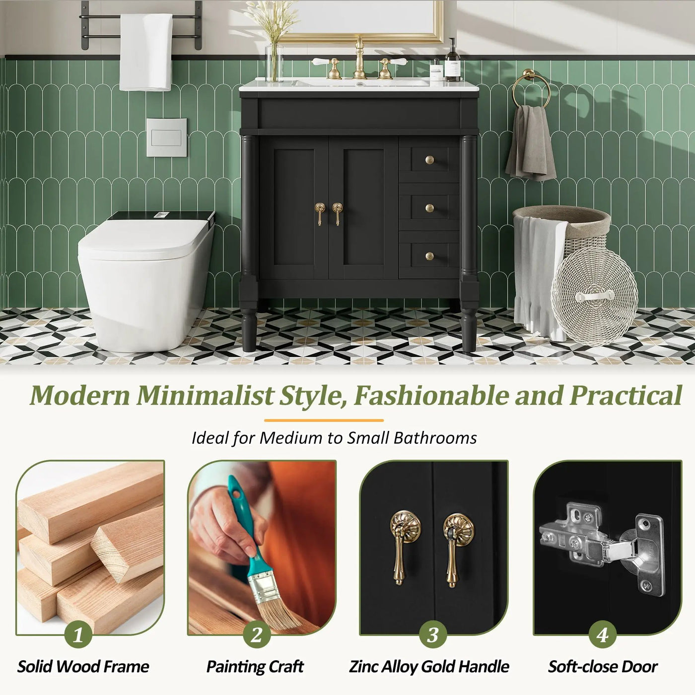 Bathroom Vanity With Ceramic Sink, 2 Doors 3 Drawers, Soft Close Design by Unique Piece Furniture