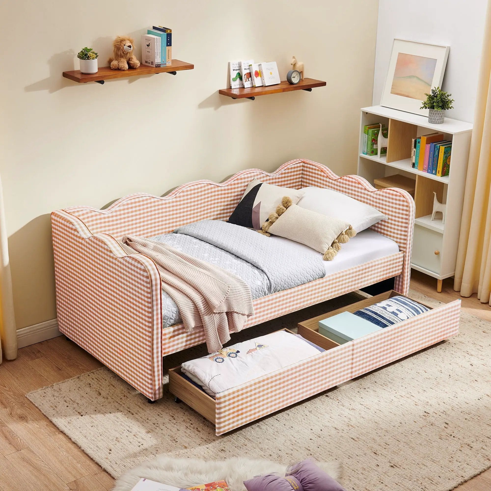 Gingham Daybed With USB Charging Port, Wave-Shaped Design by HouseOfZazla