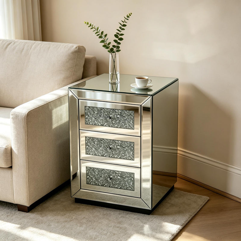 3 Drawer Nightstand With Glass Accents, Bedside Table For Bedroom - Silver by HouseOfZazla