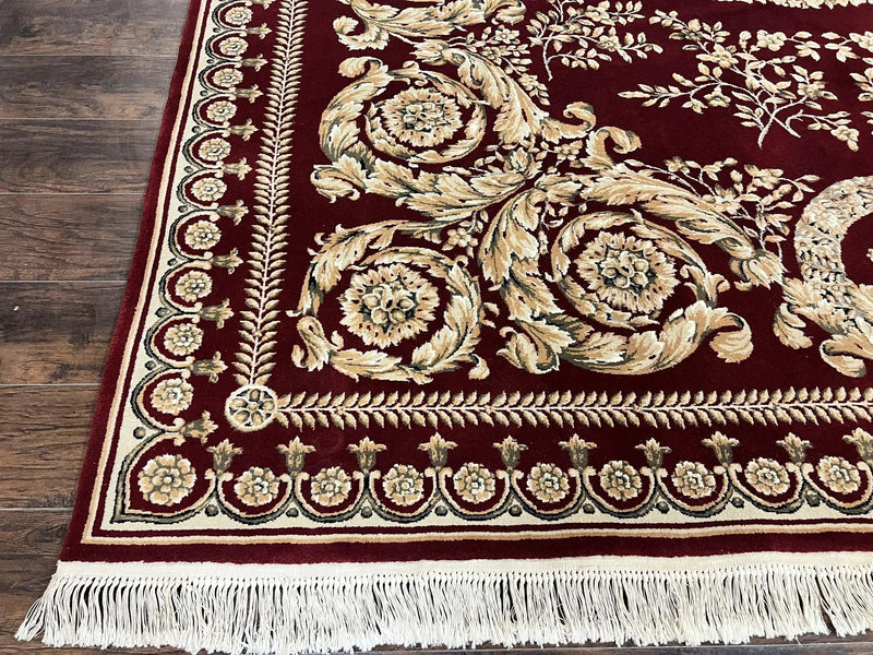 Aubusson Rug 9x12, Wool Handmade Carpet, Elegant French European Design, Dark Maroon Red, 9 x 12 Room Sized Rug, Finely Hand Knotted by Jewel Rugs