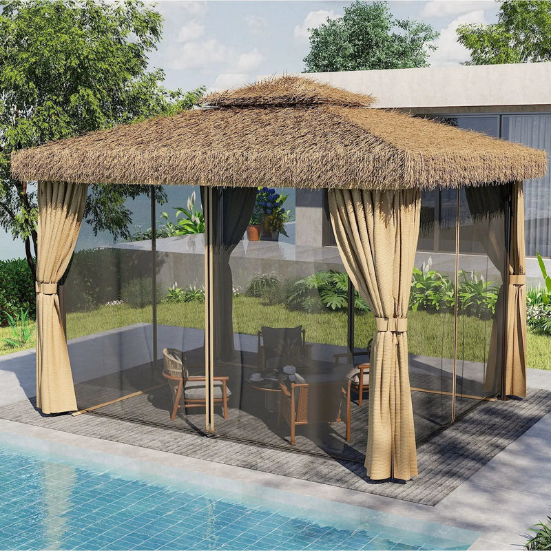 Outdoor Patio Gazebo With Double Canopy, Mosquito Net & Privacy Curtain - Brown by HouseOfZazla