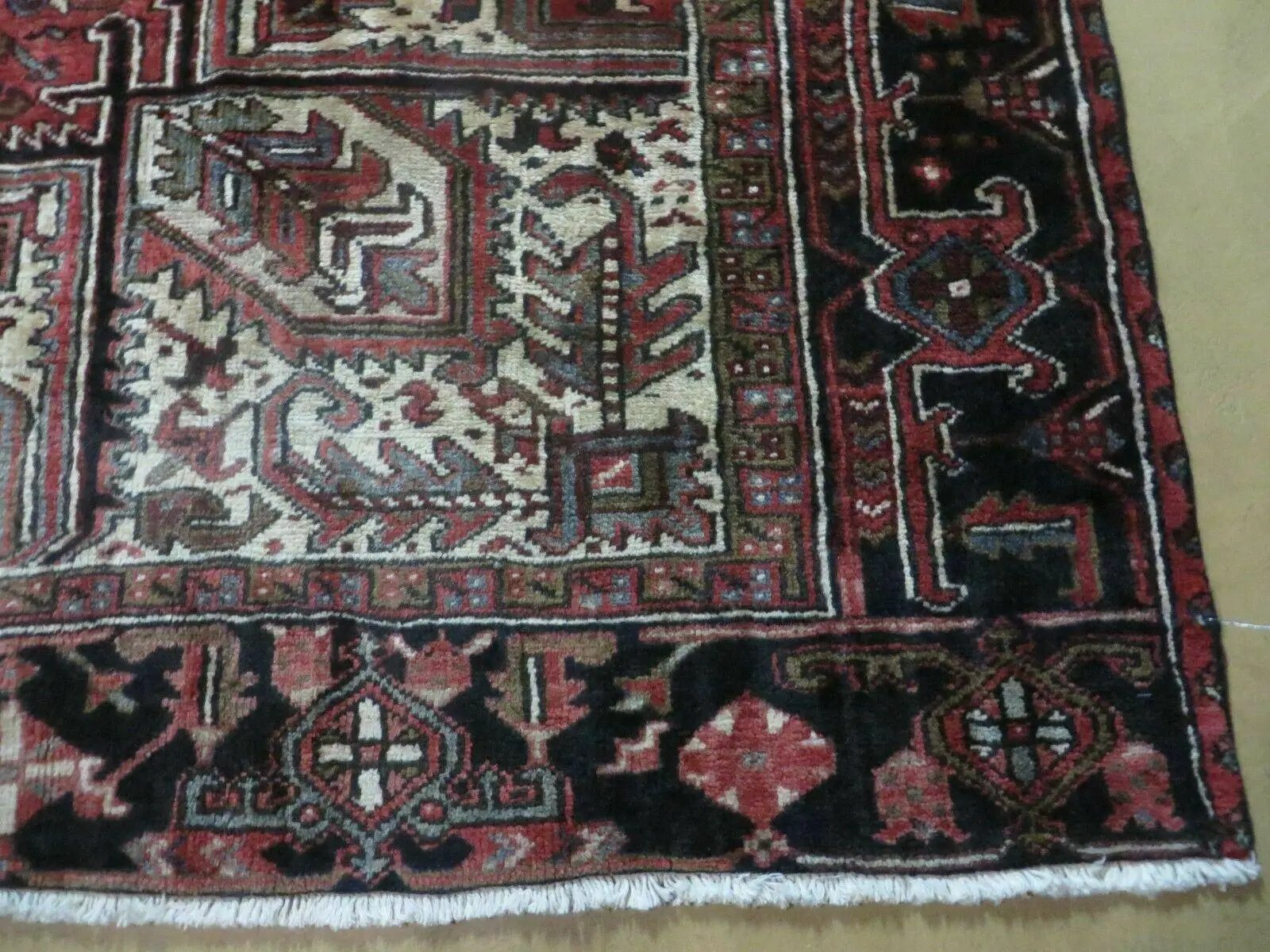 Persian Heriz Rug 8x12 Semi Antique Heriz Carpet, Room Sized Persian Carpet, Geometric Medallion, Wool, Hand Knotted, Red Ivory Dark Blue by Jewel Rugs