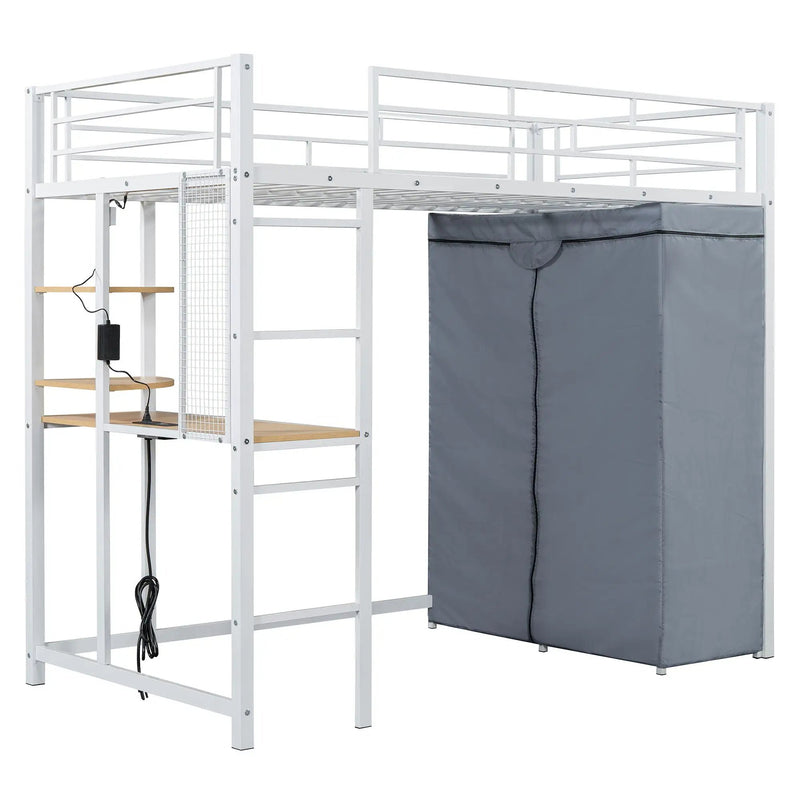 Loft Bed With Desk, Shelves, Power Outlet, LED Light And Wardrobe by HouseOfZazla