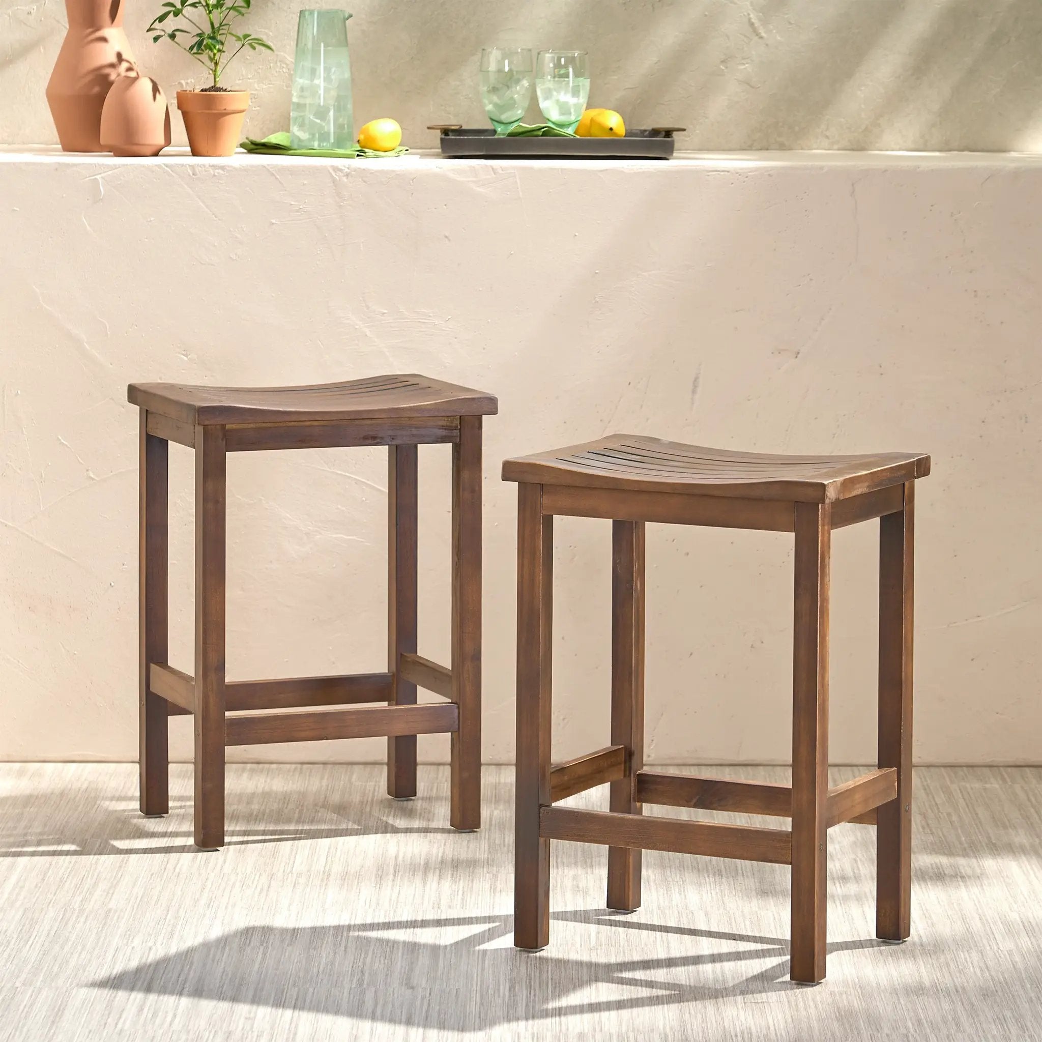 Outdoor Acacia Wood Counter Height Barstool Set of 2 by HouseOfZazla