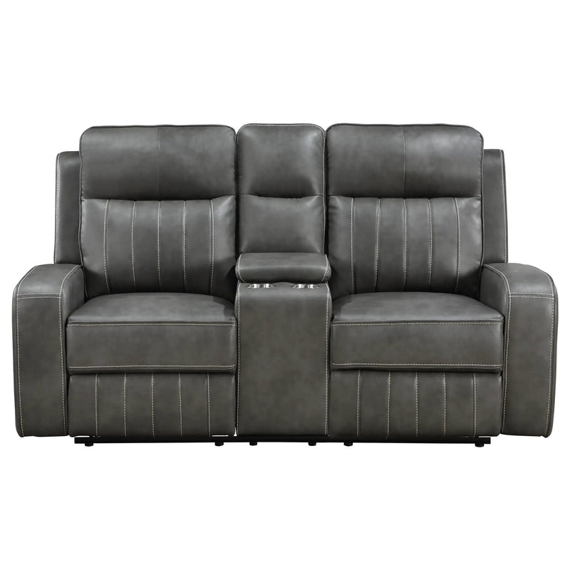 Raelynn Upholstered Track Arm Motion Loveseat Grey by Unique Piece Furniture