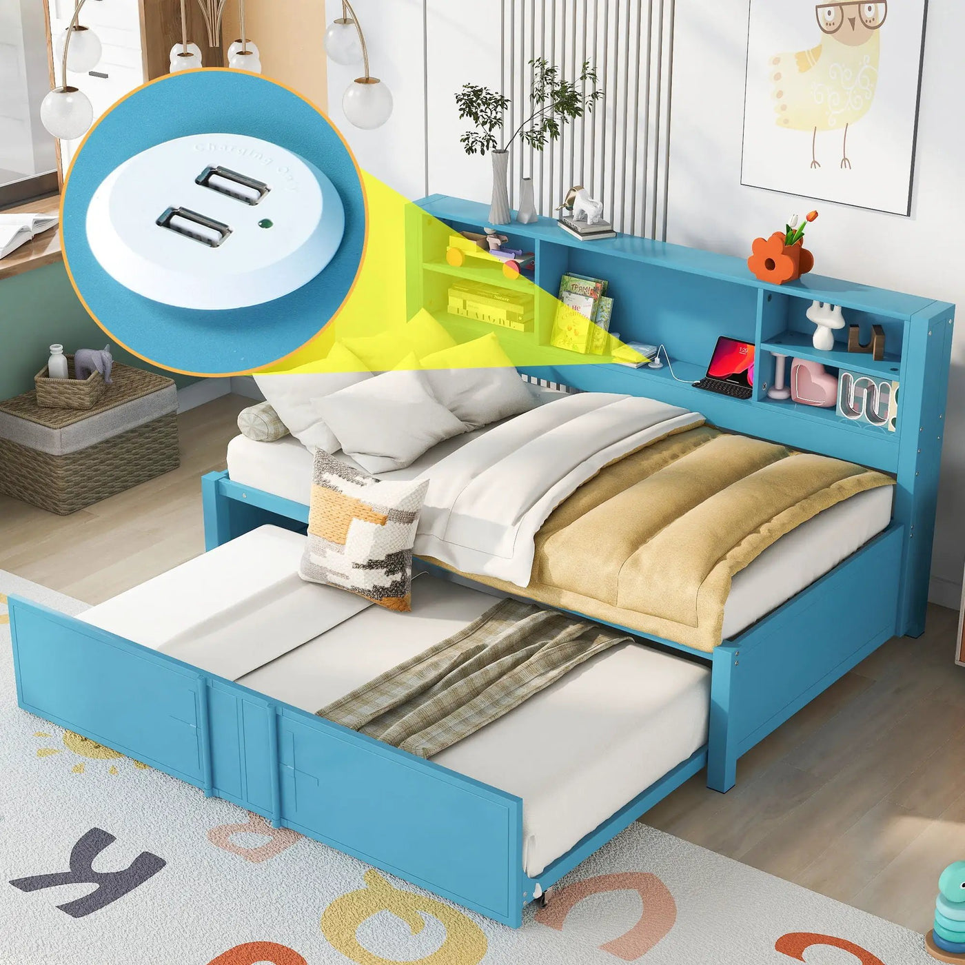 Industrial Metal Daybed With Trundle, Storage Shelves, USB Ports by Unique Piece Furniture